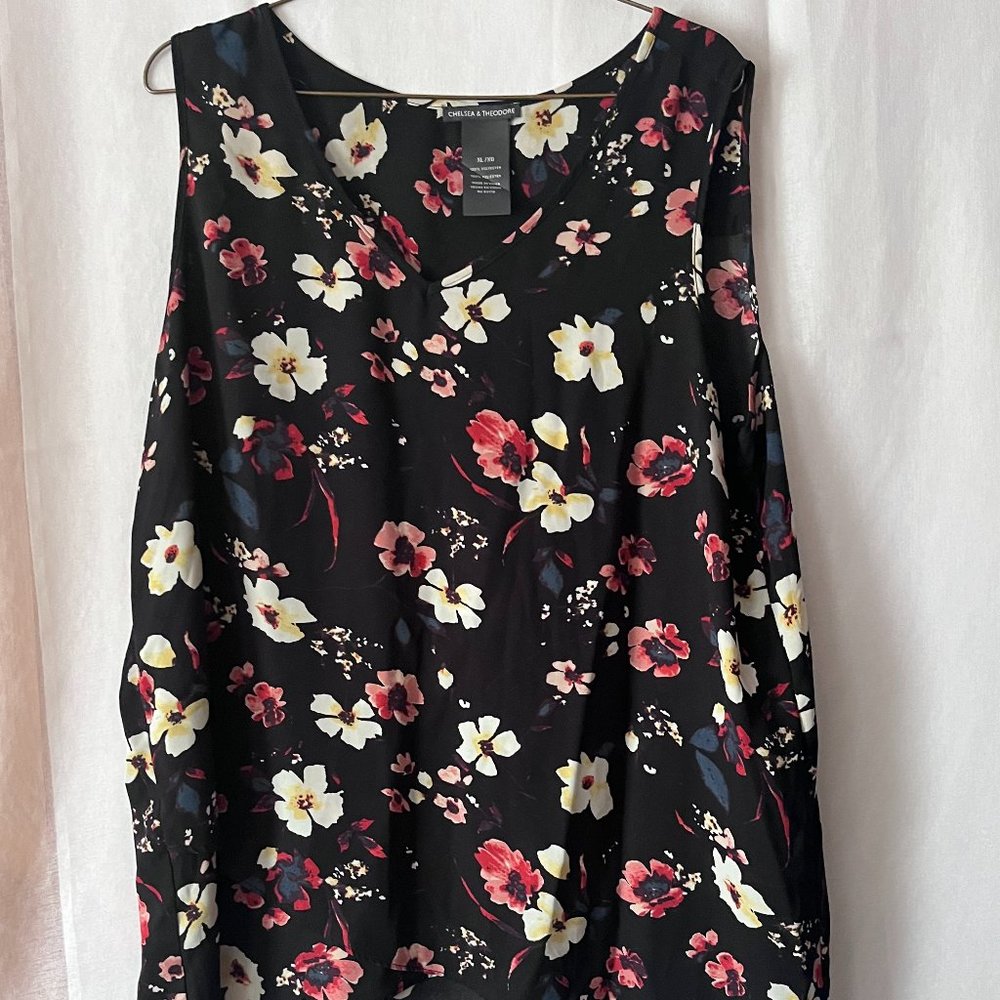 Black Pink Floral Blouse Sleeveless tank Top Vintage Blouses Womens XL Blouse